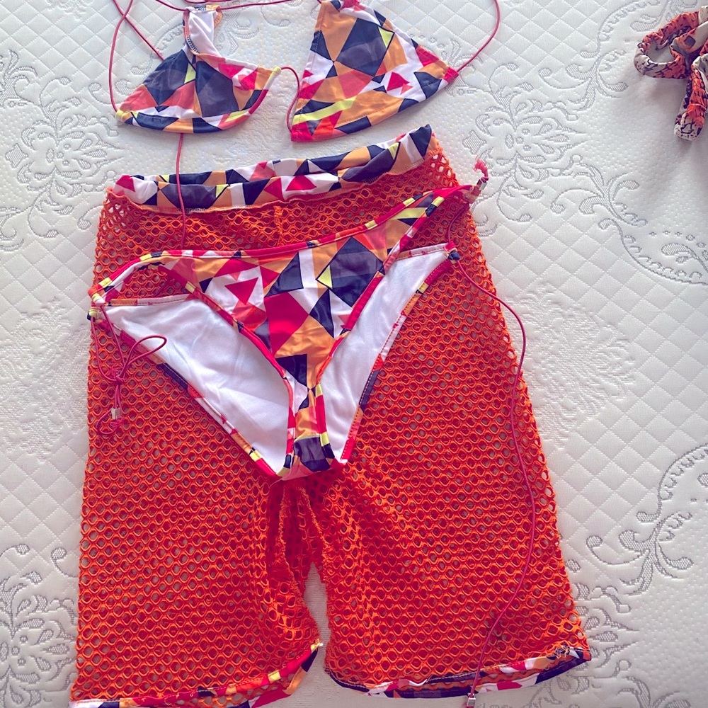 Bikini top and bottom with matching fishnet pants